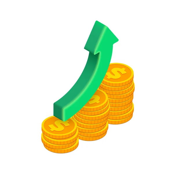 Izometrické Peníze Růst Koncept Vektor Trendy Nahoru Zelené Šipky Zlaté — Stockový vektor