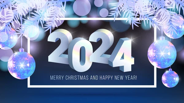 メリークリスマスとハッピーニューイヤー光沢のあるボケの背景に3Dクロム番号 ホログラフィックスプルース枝やクリスマスボールと2024シルバー冬のデザインテンプレート ベクトル青グリーティングカード — ストックベクタ