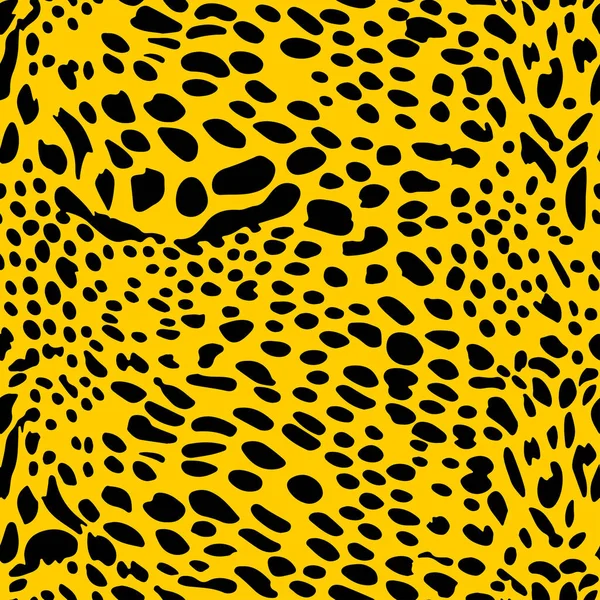 病媒流行的豹皮抽象无缝图案 野生动物猎豹皮革黑色纹理黄色背景为时尚平面设计 纺织品 — 图库矢量图片