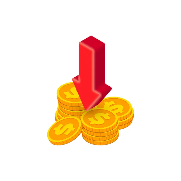 Vector Isometric Gold Coins Stack Decreasing Arrow Graph Cash Banking — Stock Vector