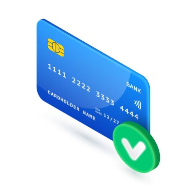 Çevrimiçi Ödeme 3D simgesini onayla. Yeşil işaretli vektör Isometric kredi kartı. Onaylanmış alım, başarılı ödeme sembolü. İşlem onaylandı, para transferi tamamlandı. Web, uygulama, reklam için.