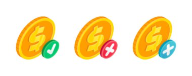 Vektör Ödeme 3D simgeleri ayarlandı. Yeşil işaretli, kırmızı haçlı ve artı sembollü Isome altın sikkesi. Onaylandı ve reddedildi, para transferi tamamlandı ve başarısız para transferi.