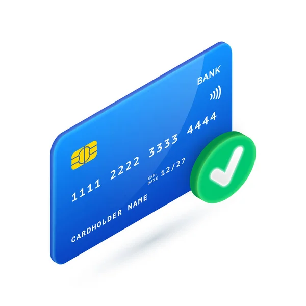 Çevrimiçi Ödeme Simgesini Onayla Yeşil Işaretli Vektör Isometric Kredi Kartı — Stok Vektör