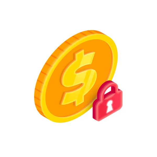 Ikona Ochrany Plateb Vektor Izometrická Zlatá Mince Zámkem Bezpečný Nákup — Stockový vektor