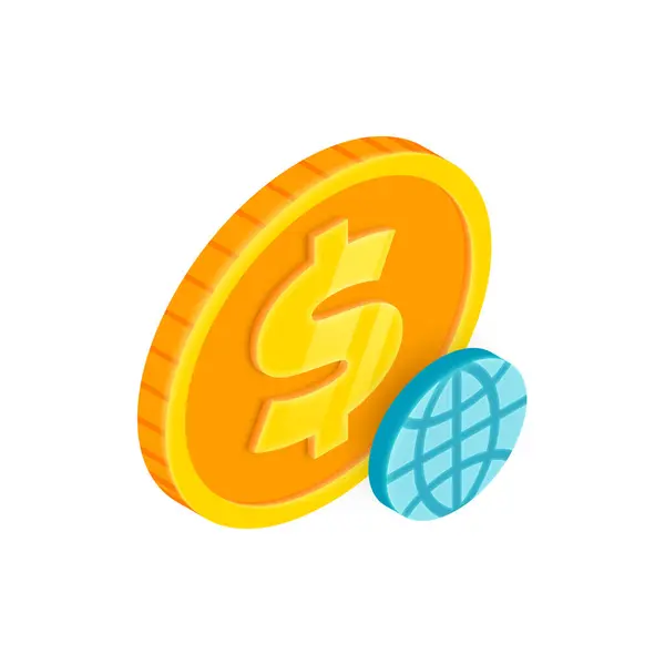 全球支付3D图标 带有世界标志的矢量等距金币 全球资金转移 全球投资的象征 在线货币兑换 货币网络 金融界技术 — 图库矢量图片