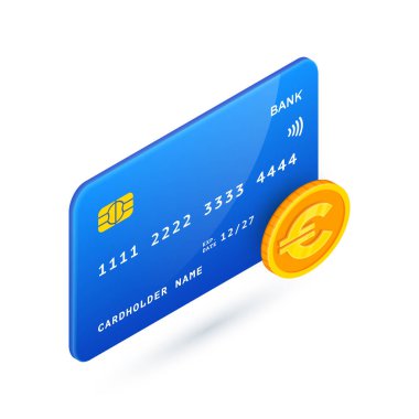 Euro Kredi Kartı 3D simgesi. Avrupa para birimi işaretli vektör Isometric kredi kartı. Çevrimiçi bankacılık ödeme sembolü. Para transferleri, online para transferi konsepti. Web, uygulama, reklam, oyun için.