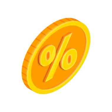 Yüzde işaretli vektör Isometric altın sikke. Oyun parası kredisi 3D simgesi. Enflasyon, vergi oranı sembolü. Satış, indirim, internet, uygulama, reklam, oyunlar için promosyon konsepti.