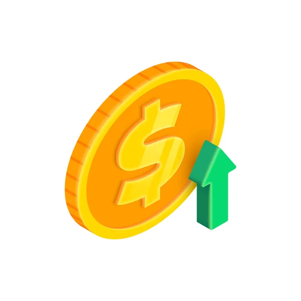 三维等量货币增长的概念 矢量向上的绿色垂直箭头和白色背景上的金币 3D渲染趋势图 应用程序 网络的业务 财务数据信息图形 — 图库矢量图片