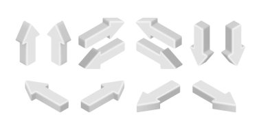 Isometric White Arrows Set. 3d ok simgesi koleksiyonu beyaz arkaplanda izole edildi. Uygulama, web, tasarım, reklam, bilgi grafiği için vektör illüstrasyonu