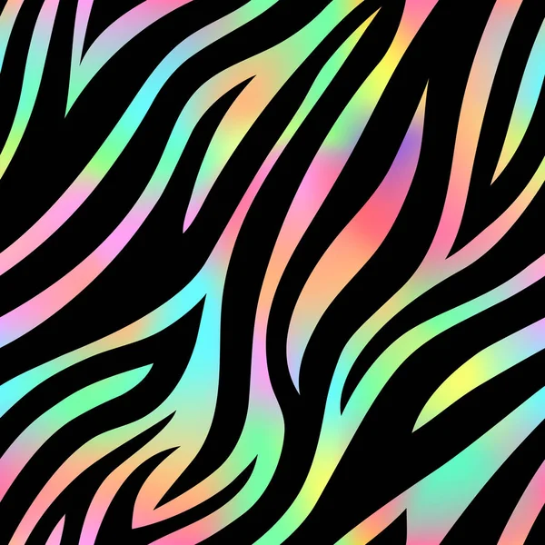 トレンディなネオンゼブラシームレスなパターン ベクトル光沢のある虹野生動物の皮膚の質感の背景 黒地に虹彩グラデーション虎縞 Print — ストックベクタ