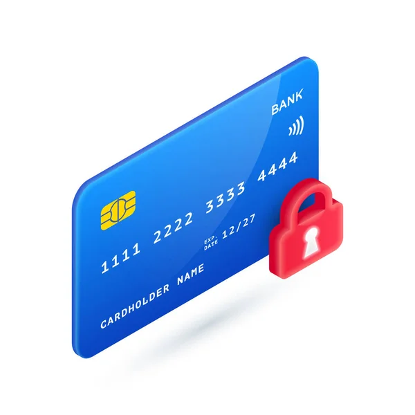 クレジットカード決済保護3Dアイコン 赤い南京錠付きベクトルアイソメトリックプラスチックカード 安全な購入 ブロックされた支払い記号 銀行取引のセキュリティ ウェブ アプリの電子マネー保護の概念 — ストックベクタ