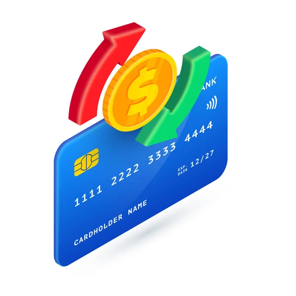 アイソメトリックベクタークレジットカード通貨交換コンセプト 3Dゴールドドルコイン 緑と赤の円の矢印と白のクレジットカード 投資と銀行の概念 オンライン通貨交換のイラスト — ストックベクタ
