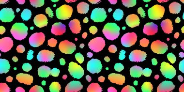 Moda neon çita desenli yatay arka plan. Vector gökkuşağı vahşi hayvan leopar derisi, gradyan leo deseni siyah arka planda moda deseni, duvar kağıdı, arka plan.