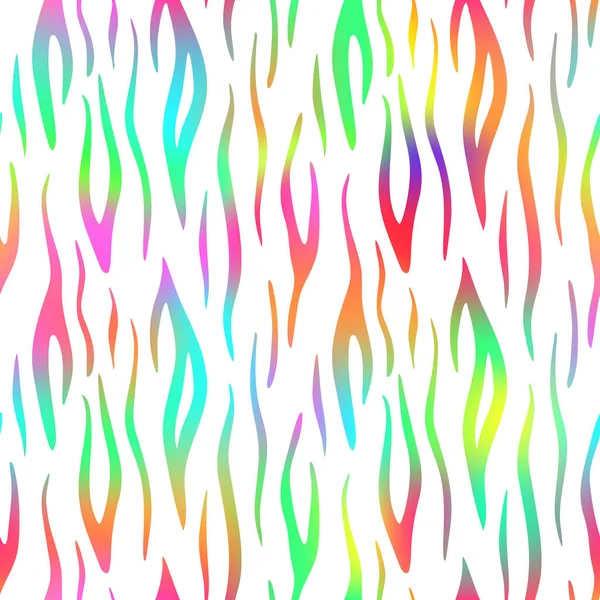 トレンディなネオンタイガーシームレスなパターン ベクトル虹野生動物の皮膚の質感の背景 白の背景プリント上の虹グラデーションストライプ 要約ジャングルサファリ壁紙 デザインのテクスチャ — ストックベクタ