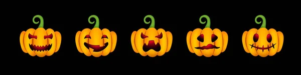 Halloween Süße Kürbisse Set Realistische Kürbisse Mit Unheimlich Lustigen Gesichtern — Stockvektor