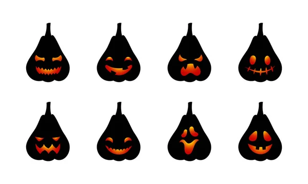 Halloween Roztomilé Černé Dýně Set Tmavé Dýně Děsivou Legrační Světelné — Stockový vektor