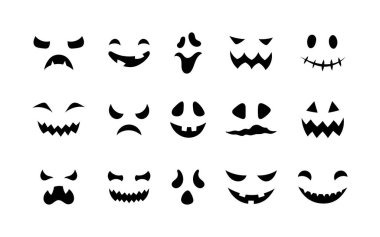 Korkunç yüz simgeleri oluşturuldu. Cadılar Bayramı dekorasyonu gülümseyen maskeler. Balkabağı gülüşü. Hayalet yüz koleksiyonu web, dekor, moda baskısı, uygulama için beyaz arkaplanda izole edildi.