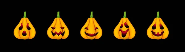 Halloween Süße Kürbisse Set Realistische Kürbisse Mit Unheimlich Lustigen Gesichtern — Stockvektor
