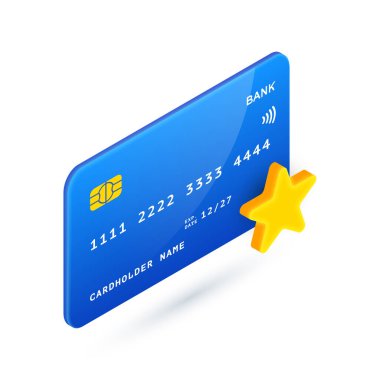 Altın yıldız sembollü vektör 3 boyutlu Isometric kredi kartı. Favori kredi kartı, en iyi bankacılık ikonu, banka ikramiyesi kartı. Yıldız derecelendirme, sadakat programı Yatırım ve internet, uygulama, oyun için bankacılık kavramı