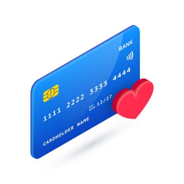 Kırmızı kalp sembollü vektör 3 boyutlu Isometric kredi kartı. Favori kredi kartı, en iyi bankacılık ikonu, banka ikramiyesi kartı. Bağlılık programı, yatırım ve bankacılık web, uygulama, oyun konsepti