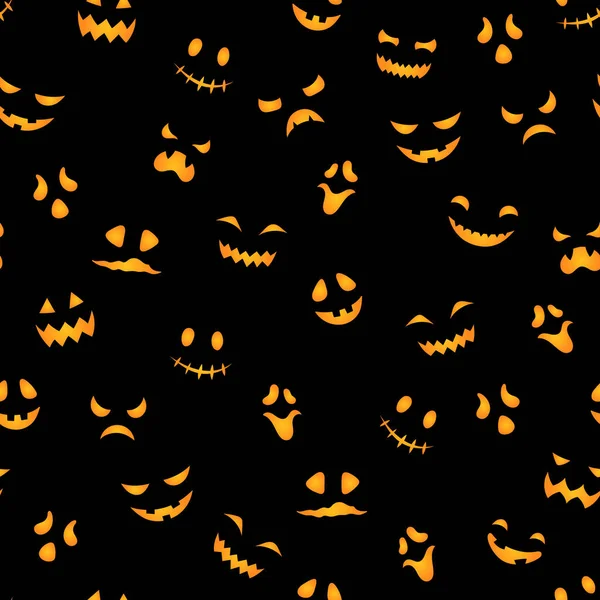 かわいいハロウィンシームレスなパターン ベクターカボチャ彫刻された怖い顔のテクスチャ 布の印刷物 ウェブ アプリ デジタルペーパーのための黒い背景の面白い笑顔の幽霊のマスクオレンジの印刷物 — ストックベクタ
