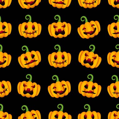 Tatlı Cadılar Bayramı balkabakları kusursuz desen. Mutlu Cadılar Bayramı baskısı, siyah arka planda gülümseyen ürkütücü oyma yüzlü balkabakları. Paket, kumaş, tatil süsü, tekstil için.