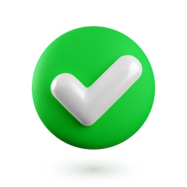 Vektör 3 boyutlu işaretleme gerçekçi simgesi. Moda plastik yeşil kontrol işareti, beyaz arkaplanda izole gölgesi olan simgeyi seçin. Yeşil evet düğmesi. Web, uygulama ve tasarım için 3d hazırlama işareti illüstrasyonu.