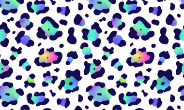 Moda neon leopar desenli yatay arka plan. Vector gökkuşağı vahşi hayvan leo derisi, beyaz arka planda mavi ve gökkuşağı lekeli gradyan çita dokusu moda baskısı tasarımı, duvar kağıtları.