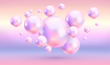 Vektör soyut holografik toplar gradyan arkaplan. Süzülen canlı renkler yanardöner küreler yatay arkaplan. Soyut moda canlı duvar kağıdı, neon tasarım şablonu