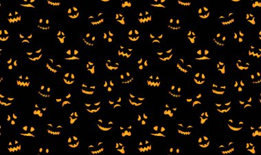 Tatlı Cadılar Bayramı desenli yatay arka plan. Vektör balkabağı oymalı korkunç yüz dokusu, komik gülümseyen hayalet maskeleri dekorasyon, ağ, uygulama, duvar kağıdı, dijital kağıt için siyah arka planda turuncu izler.