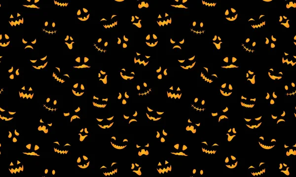 Cute Halloween Pattern Horizontal Background Vector Pumpkin Carved Scary Faces — Stock Vector