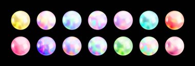 Gerçekçi 3 boyutlu holografik küre ayarlandı. Vektör parlak eğimli toplar koleksiyonu, siyah üzerinde soyut canlı renkli parlak yuvarlak şekiller