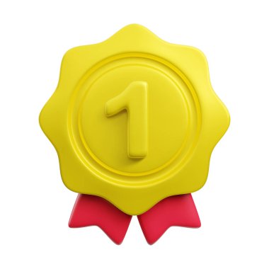 Vektör karikatür 3d boş madalyalı gerçekçi bir ikon, bir numara ve kurdele. Moda altın sarısı ödül, soyut birincilik rozeti işareti. 3D render plastik sertifika çizimi