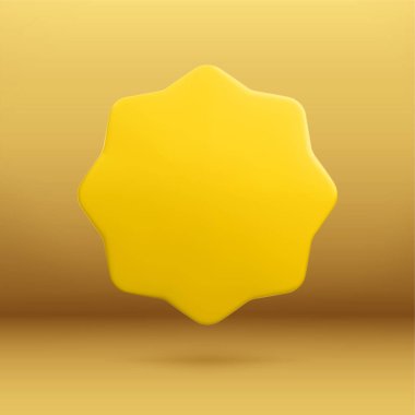 Vektör karikatür 3D boş yuvarlak çıkartma. Moda Altın Gerçekçi Fiyat Etiketi, Soyut Rozet Garanti Tabelası, Plastik Kalite Markı. Altın arkaplan üzerindeki 3D rengarenk metalik sertifika çizimi