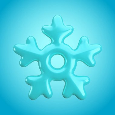 Mavi arkaplanda 3D buzlu mavi kar tanesi simgesi. Tatlı gerçekçi Noel, yeni yıl ve kış parlak donmuş kar sembolü. Yazdırma, süsleme ve tebrik kartı için 3D kar tanesi resimleme.