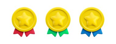 Yıldız ve kurdeleli 3d madalyalar ve gerçekçi ikonlar. Kırmızı, yeşil, mavi kurdeleli altın sarısı dalgalı ödül. Kazanan rozet işareti. 3d karikatür kalitesinde asgari garanti rozetleri oluştur.