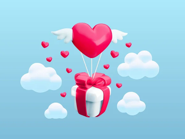 Realistisches Valentinstag Konzept Vektor Geschenkschachtel Und Herz Mit Flügeln Die lizenzfreie Stockillustrationen