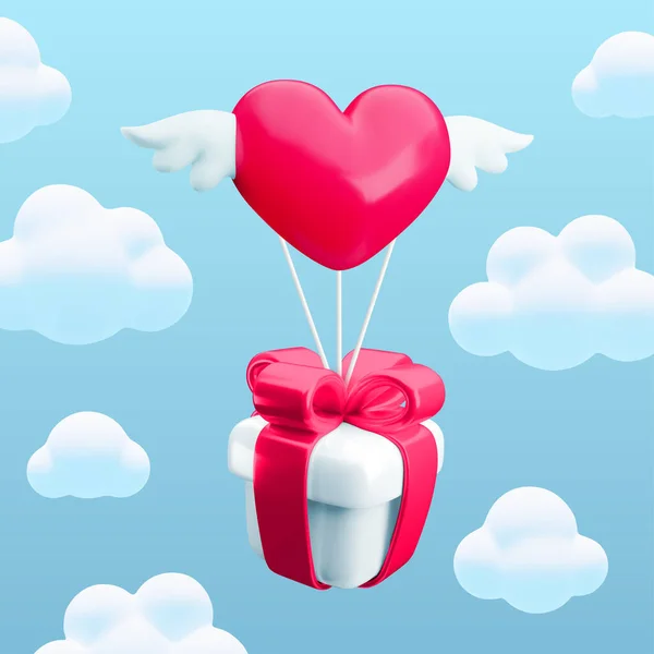 Realistische Valentijnsdag Concept Vector Geschenkdoos Hart Met Vleugels Vliegen Tussen Stockillustratie