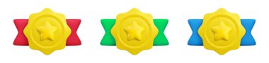 Yıldız ve geniş kurdele gerçekçi ikonlu vektör karikatür 3 boyutlu madalyalar. Moda altın yuvarlak ödül seti, soyut kazanan rozet işareti. 3d plastik kalite garanti belgesi illüstrasyonuName.