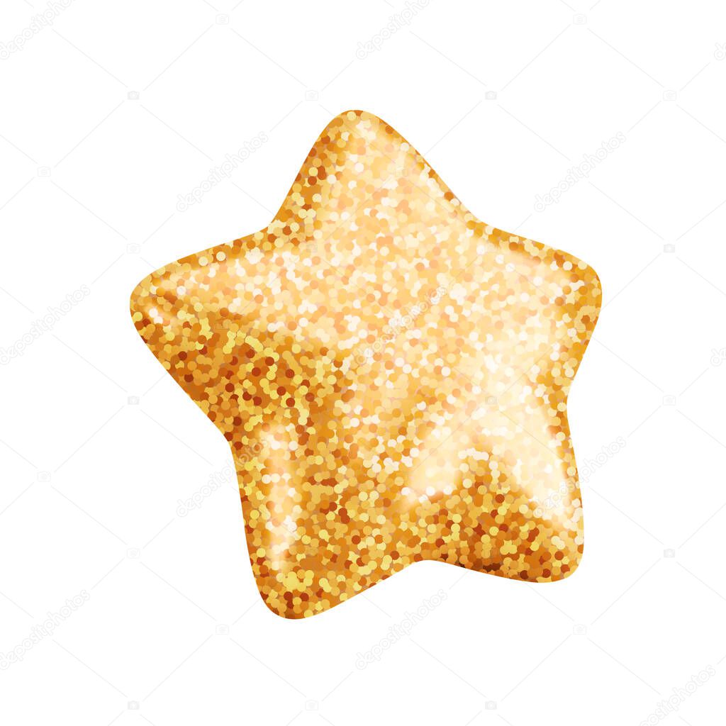 Vector 3d gold glitter textured star icon on white background. Cute realistic cartoon 3d award render, glossy sparkling star Illustration for customer rating concept, xmas decoration, app, game design