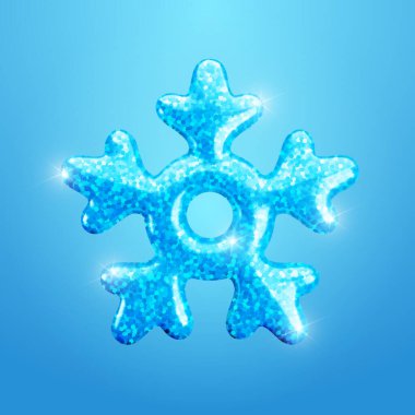 Mavi arkaplanda vektör 3d mavi simli kar tanesi simgesi. Tatlı gerçekçi Noel tebrik kartı, yeni yıl ve kış parlak kristal parlak kar sembolü. Yazdırma ve dekorasyon için 3D kar taneciği.