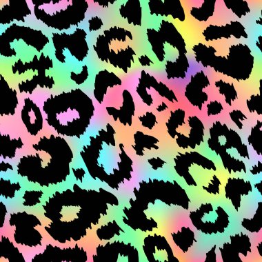 Moda neon leoparı kusursuz desen. Vektör gökkuşağı vahşi hayvan aslan derisi, el çizimi siyah lekeli çita dokusu moda baskısı tasarımı, tekstil, ambalaj kağıdı.