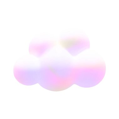 Çizgi film 3 boyutlu holografik kabarık bulut. Beyaz zemin üzerinde vektör yumuşak eğimli sihirli bulut. 3d Render perisi pastel baloncuk şekli, yuvarlak fantezi geometrik kümülüs tasarım, oyun, uygulama.