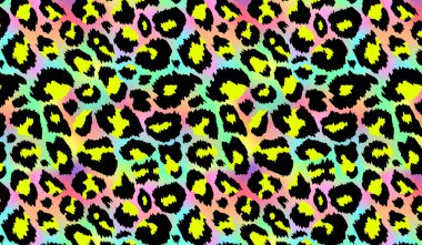 Moda neon leopar desenli yatay arka plan. Vector gökkuşağı vahşi hayvan leo derisi, gradyan çita dokusu holografik arka planda siyah sarı noktalar moda baskısı tasarımı için, duvar kağıtları.