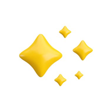 Beyaz arkaplanda 3D altın parıldayan yıldızlar. Hoş gerçekçi karikatür 3D yorumlama, parlak sarı dört köşeli parlayan yıldız konsepti sihirli süsleme, ağ, oyun, uygulama, flaş sembolü