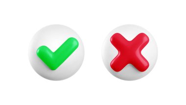 Vektör 3d işaretleme simgesi ayarlandı. Yuvarlak parlak evet kene ve beyaz arkaplanda izole edilmiş çapraz düğme yok. Yeşil işaret ve kırmızı X sembolü beyaz daire 3D renkte. Doğru ve yanlış işareti.