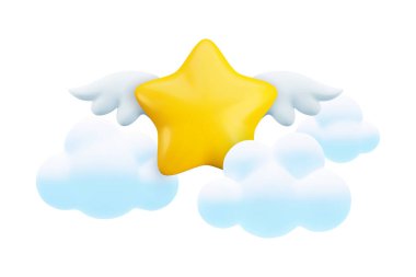 Beyaz arka planda bulutların içinde uçan kanatlı 3D altın yıldız. Gerçekçi yorumlama geribildirim sembolü, oyun başarısı konsepti, şirin çocuksu bebek partisi illüstrasyonu.