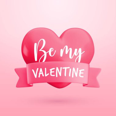 Sevgililer Günü tebrik kartı konseptim ol. Sevgililer Günü afiş şablonu. Tatlı gerçekçi 3D seramik kalp, kurdele ve pembe arka planda yazı. Moda çizgi film 3d Sevgililer Günü sosyal medya tasarımını sever.