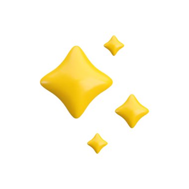 Beyaz arka planda 3D altın parlayan yıldızlar. Tatlı gerçekçi karikatür 3D yorumlayıcı, parlak sarı dört köşeli yıldız konsepti sihirli parıltılı dekorasyon, ağ, oyun tasarımı, uygulama.