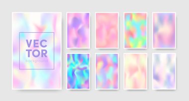 Vektör soyut holografik dikey arka plan ayarlandı. Ağ, uygulama ve afiş arkaplan için renkli parlak sıvı gradyan duvar kağıtları koleksiyonu